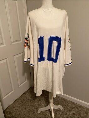 White Embroidered Sleeve Dress with Blue Number 10 Anthropologie Dress  2X NWT